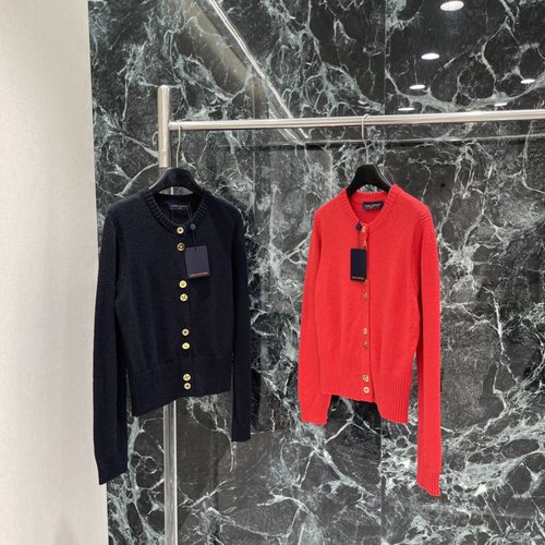 Louis Vuitton Red Round Neck Cardigan with Gold Buttons