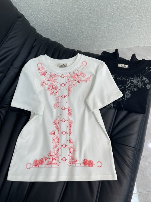Hermes Custom Imported Cotton Crew Neck Floral Print Short-Sleeve Tee, Artistic Layered Breathable Comfortable