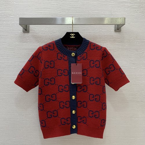 Gucci High-end Customized GG Logo Wool Knit Short-sleeved Top