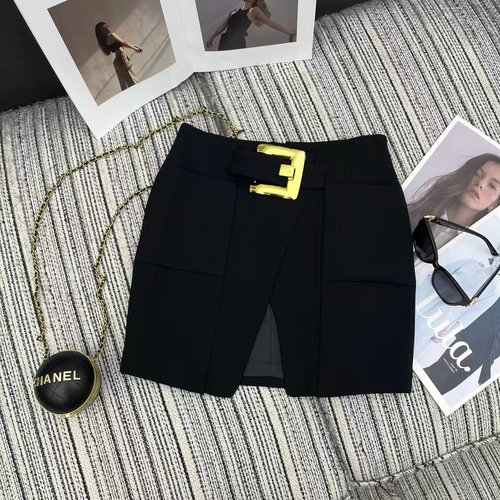 Fendi Elegant Tailored Slit Midi Skirt with Large Metal Buckle & Custom Hardware