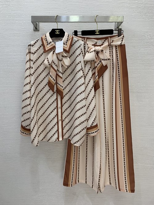 Zimmermann Chain Print Two-piece Set: Apricot and Black Shirt & Wide-leg Pants