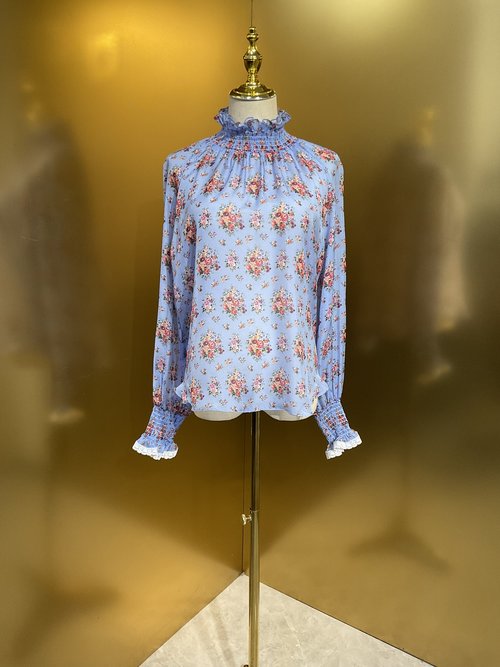 Dolce & Gabbana Blue Background Colorful Flower 8 Momme Chiffon Silk Long Sleeve Blouse
