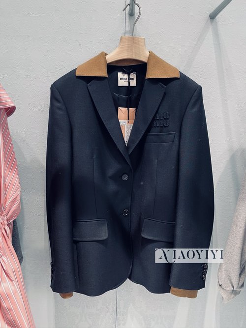 Miu Miu High-End Wool Blend Suit Jacket with Detachable Collar and Logo