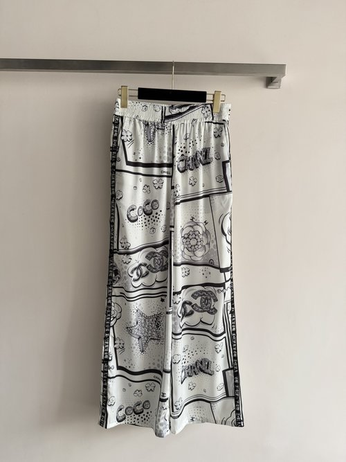 Chanel Black-White Comic Silk Trousers for Daily and Holiday Wear