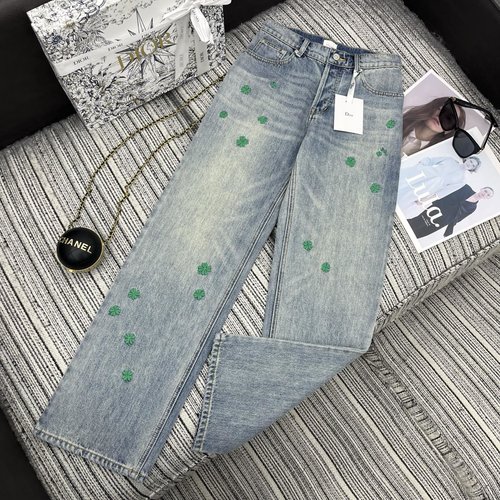 Dior Embroidered Floral Denim Straight Leg Pants