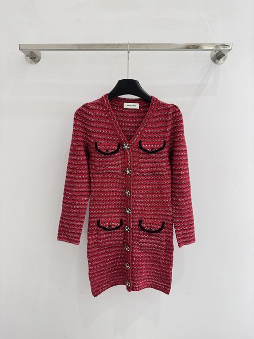 Self-Portrai Elegant Red V - Neck Anti - Pilling Knit Dress