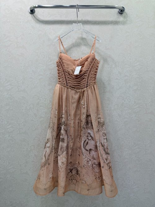 Zimmermann Mermaid Print Sling Dress with Pearl Waistband