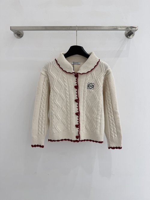 Loewe Cream Cable Knit Cardigan with Diamond Pattern