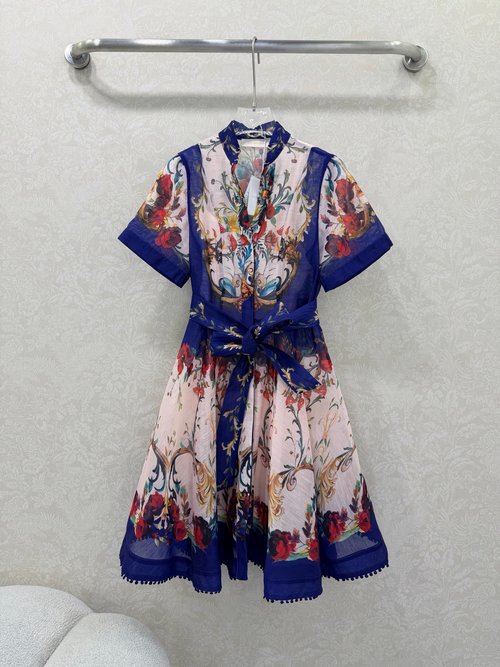 Zimmermann V-Neck Lace Short Sleeve Floral High-Waist Dress