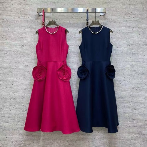 Valentino Graceful Silk-Wool Blend Dress with Pearl Neckline and Floral Waist Detail