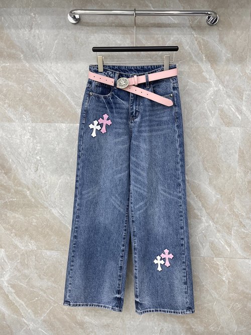Chrome Hearts Pink and White Cross-stitch Jeans for Stylish Appearance