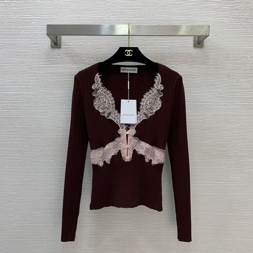 Self-Portrai Lace Trimmed Slim Fit Long Sleeve Knit Top