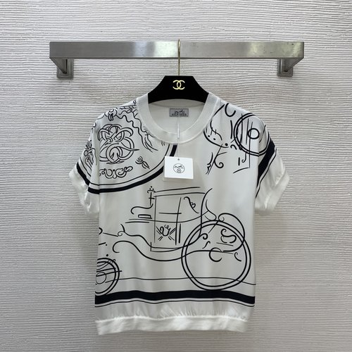 Hermes Irregular Wheel Print Silk-Knit Round-Neck Short-Sleeve Top