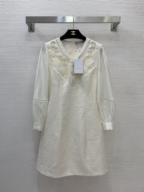 Prada Water-Soluble Lace V-Neck Long Sleeve Dress
