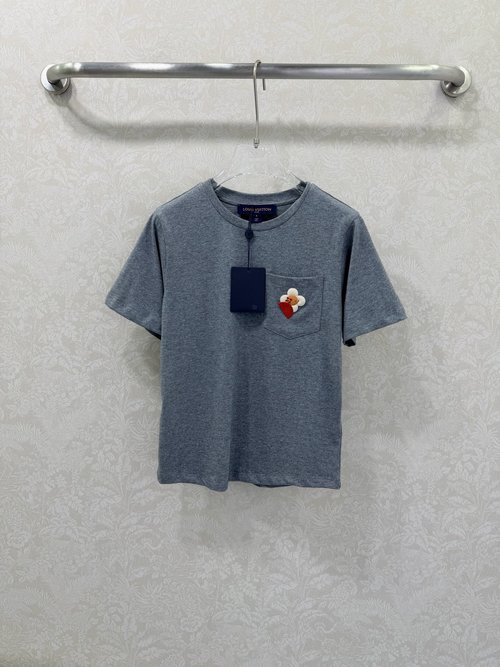 Louis Vuitton Gray Short Sleeve Tee with Embroidered Chest Pocket, 100% Cotton