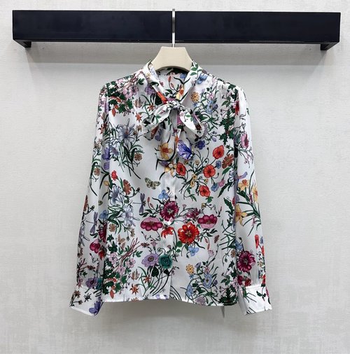 Gucci Silk Tie-Front Shirt with Exquisite Floral Insect Embroidery