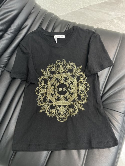 Dior Gold Badge Letter Printed High-Density Cotton T-Shirt