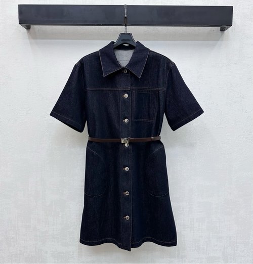 Prada Collared Belted Logo Denim Dress