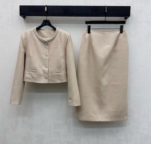 Chanel Imported Wool Blend Dress Coat and Skirt Set with Sequins