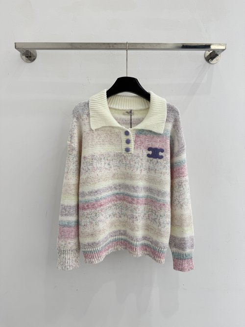 Celine Color Stripe Jacquard Half-Open Button Knit Sweater