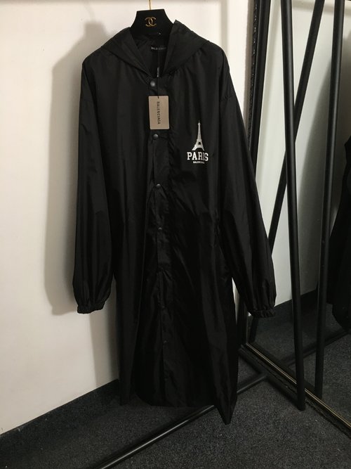 Balenciaga Paris Tower Letter Print Long Hooded Trench Coat with Logo Buttons