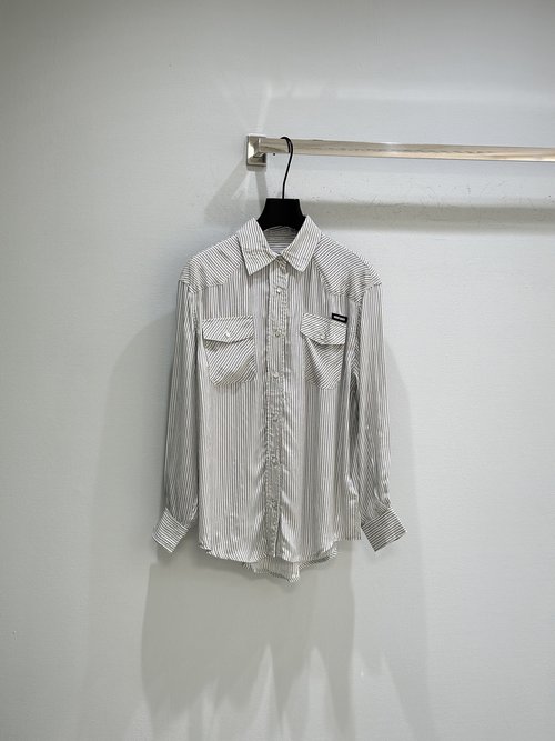 Miu Miu Striped Shirt with Brand Logo, Curved Hem, in Viscose Fabric