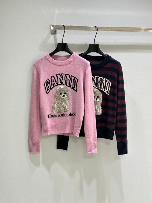 Ganni Puppy Striped Sweater with Fluffy Pattern