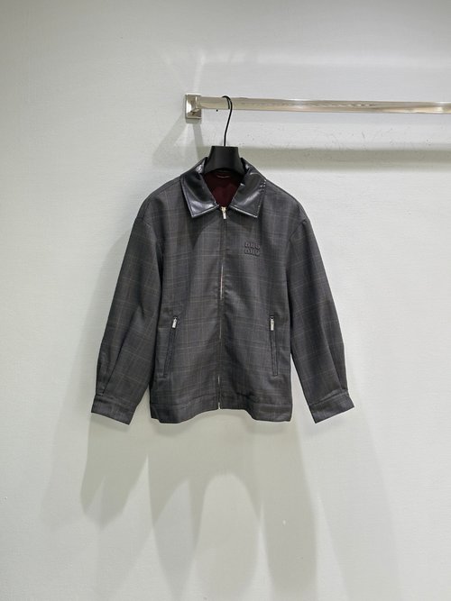 Miu Miu Jacket with Prince of Wales Check and Nappa Leather Collar