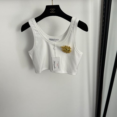 Schiaparelli Chic Gold Inlaid Diamond Eye Metal Brooch Decorated Short Sling Vest in White and Black