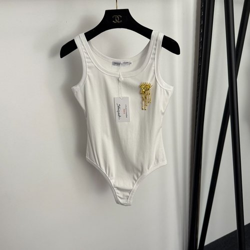 Schiaparelli Graceful Golden Horse Head Eye Pendant Metal Brooch Decorated Sling Bodysuit Vest in White and Black