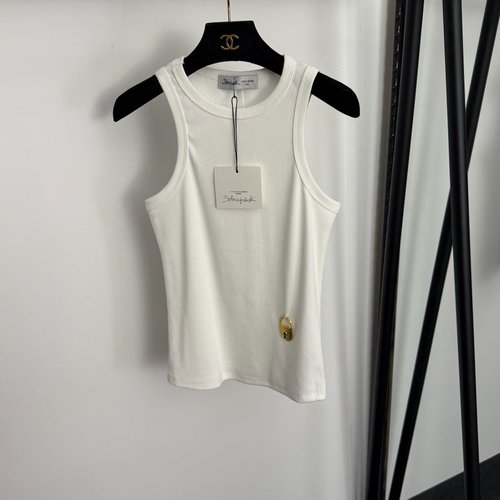 Schiaparelli Stylish Gold Lock Head Metal Decorated Ribbed Slim Cotton Vest in White and Black