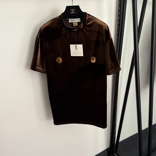 Schiaparelli Short-sleeved Velvet T-shirt with Metal Keyhole and Diamond Embroidery in Dark Brown and Black