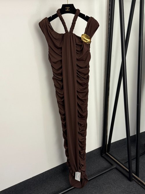 Schiaparelli Sophisticated Metal Pin Ruffled Halter Dress in Brown