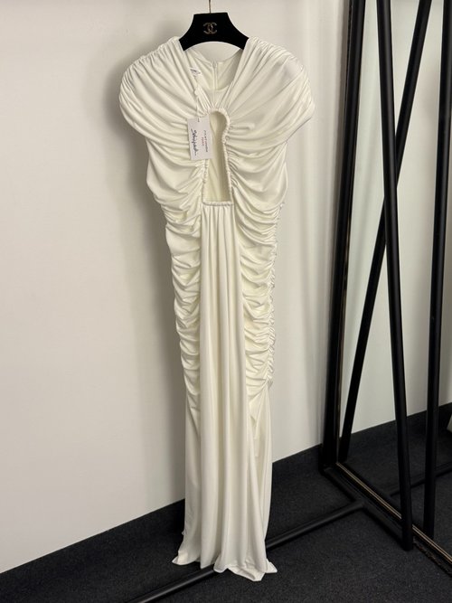 Schiaparelli Elegant Ruffled Waist Sash Dress in White