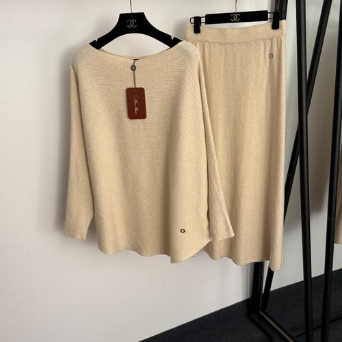 Loro Piana Knitted Set with Metallic Circle Accents, One-Shoulder Batwing Sleeve Top and High-Waist Skirt