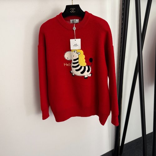 Hermes Red Small Zebra Embroidered Pullover Knitted Sweater