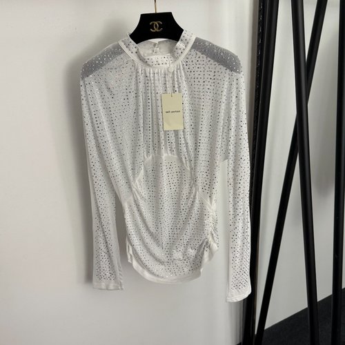 Self-Portrai White, Brown and Black Heavy-Duty Rhinestone Backless Top