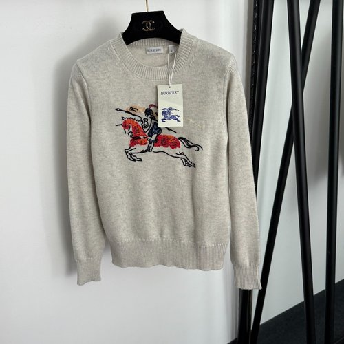 Burberry Warhorse Knight Embroidered Long-Sleeve Wool Pullover in Multiple Colors