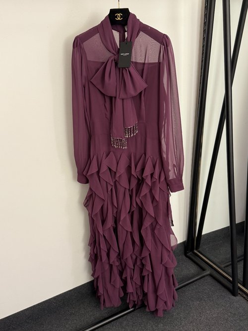 Yves Saint Laurent French-style Beaded Ruffled Bowknot Dress in Purple