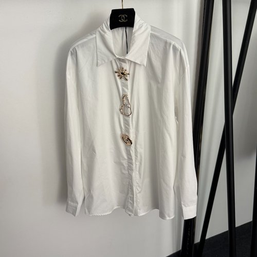 Schiaparelli Classic Metal Shaped Button Collared Long Sleeve Shirt in White and Brown