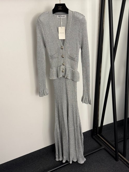 Self-Portrai Self-Portrait Shiny Blend Ruffled Waist Long-Sleeved Knit Dress