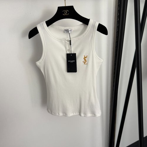 Yves Saint Laurent Logo-Embroidered Half-Button Cotton Vest, White and Black