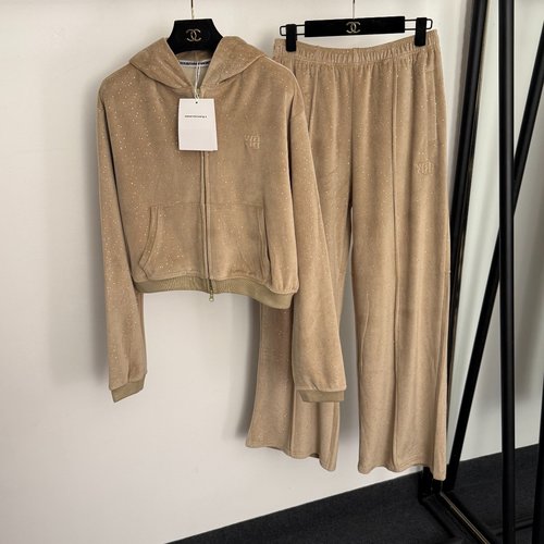 Alexander Wang Shining Rhinestone Velvet Track Suit in Khaki