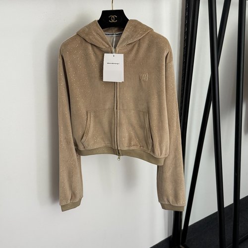 Alexander Wang Shining Rhinestone Velvet Hoodie with Zipper in Khaki