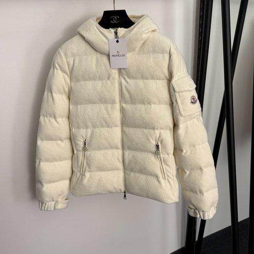 Moncler Off - white, Black and Pink Badge Pocket Hooded Cotton Coat