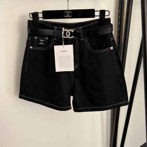 Chanel Black Back Double C Embroidery Pocket Jeans Shorts with Belt