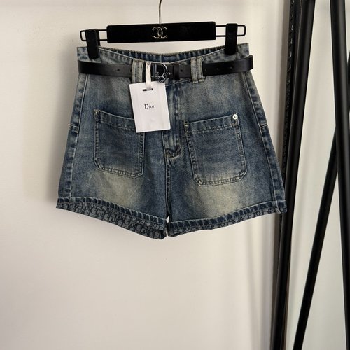 Dior Blue Monogram Rolled Cuff A-Line Denim Shorts with Belt