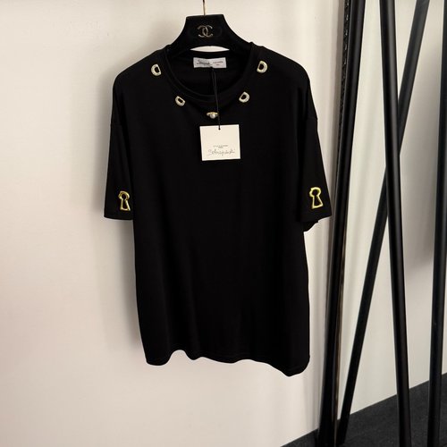 Schiaparelli Elegant Golden Keyhole Studded Metal Button Casual Short Sleeve T-Shirt