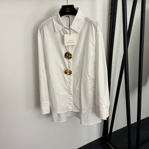 Schiaparelli Classic Front-Short-Back-Long Collared Long-Sleeve Shirt in White, Brown, Black