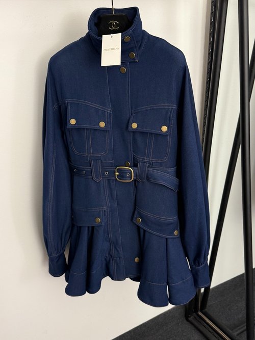 Zimmermann Vintage Workwear High-Collar Waist-Contracted Denim Dress